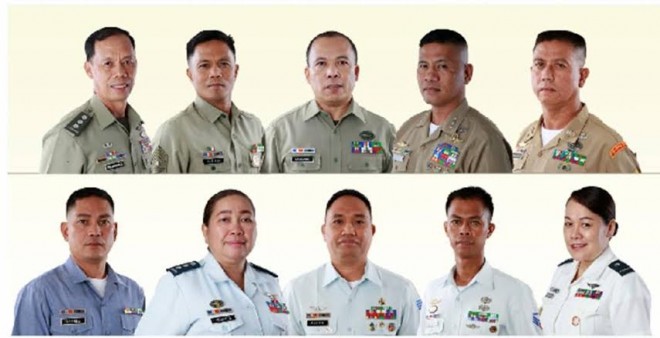 The 2015 Metrobank Outstanding Philippine Soldiers (from L-R): From the Army: Colonel Danilo Pamonag, Master Sergeant Arnel Cariaga; Master Sergeant Ferdinand Lascano; from the Navy: Colonel Ariel Caculitan, Technical Sergeant Romel Bustamante Bancairin, Disbursing Clerk 3rd Class Dennis Gurrea; from the Air Force: Colonel Maxima Ignacio; Senior Master Sergeant Romeo Austria; Staff Sergeant Adriano Reginales Jr; form the Technical Administrative Corps: Major Jonna Dalaguit / METROBANK FOUNDATION