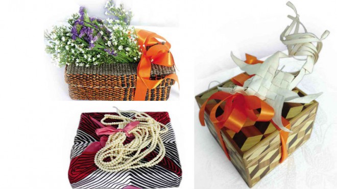 (CLOCKWISE, from top left) A jute box topped with fresh flowers; a combination of different textures and materials;  pearls for someone special