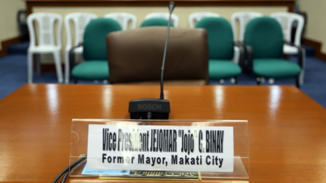 NO-SHOW AGAIN A seat reserved for Vice President Jejomar Binay remains unoccupied as he snubs anew the invitation for him to appear before the Senate blue ribbon subcommittee looking into anomalies in Makati City when he was its mayor. EDWIN BACASMAS
