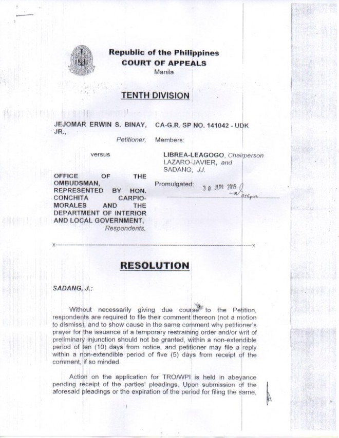 Copy of Court of Appeals Resolution on Mayor Binay's plea for TRO. 