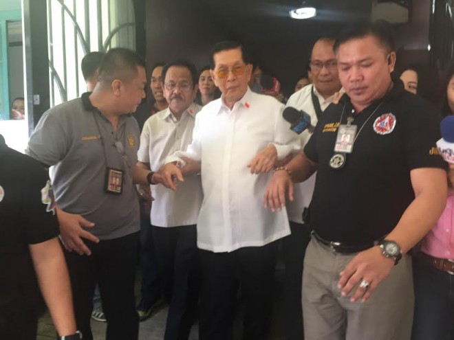 Detained Senator Juan Ponce Enrile arrives at his pre-trial over the pork barrel scam. MARC JAYSON CAYABYAB/INQUIRER.net