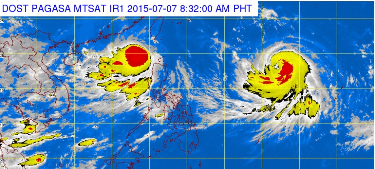 This satellite image from Pagasa shows the location of Tropical Storm Egay (international name: Linfa) and Typoon "Chan-hom." Egay has left the Philippine Area of Responsibility Tuesday morning, while Chan-hom is expected to enter late Tuesday or early Wednesday. It will be named "Falcon." 