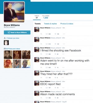 This screen shot shows the Twitter page of Bryce Williams, whose real name is Vester Lee Flanagan II, shortly after he fatally shot WDBJ-TV cameraman Adam Ward and reporter Alison Parker during a live broadcast in Moneta, Virginia, early Wednesday morning, Aug. 26, 2015. The station said Flanagan was also an employee at WDBJ and appeared on air as Bryce Williams. TWITTER VIA AP