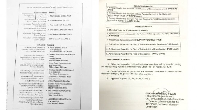 First photo: List of awardees in the invitation from the PNP. Second photo: Official memorandum from the PNP Directorate for Plans.