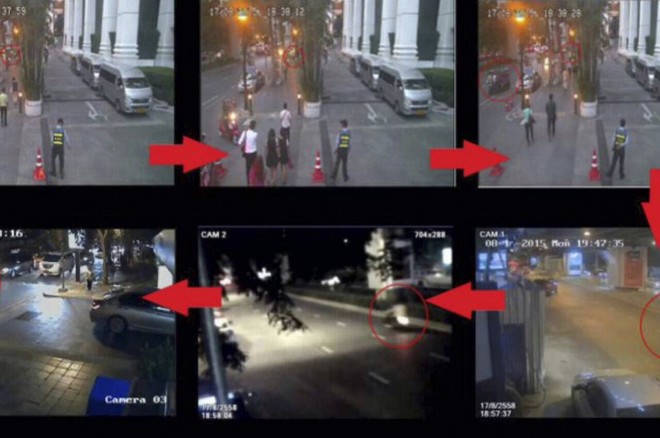This Aug. 17, 2015, combination of annotated images, released by Royal Thai Police spokesman Lt. Gen. Prawut Thavornsiri shows the movements of a man wearing a yellow T-shirt riding in a tuk-tuk (three wheeled motorized taxi) and on the back of a motorcycle near the Erawan Shrine in Bangkok, Thailand.  Prawut said he believes a man in a yellow T-shirt caused the blast that killed a number of people at a shrine in downtown Bangkok on Monday night.  (Royal Thai Police via AP)