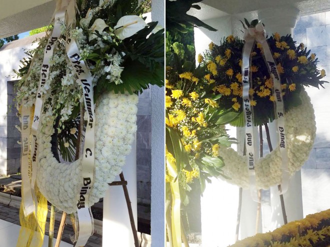 The flowers sent by Vice President Jejomar Binay and suspended Makati Mayor Junjun Binay. INQUIRER PHOTOS/TETCH TORRES TUPAS AND TARRA QUISMUNDO