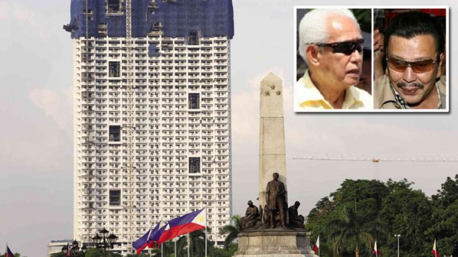 Rizal Monument with Torre Manila shown in the background. Inset, former Manila Mayor Alfredo Lim (left) and current Mayor Joseph Estrada.  INQUIRER FILE PHOTOS