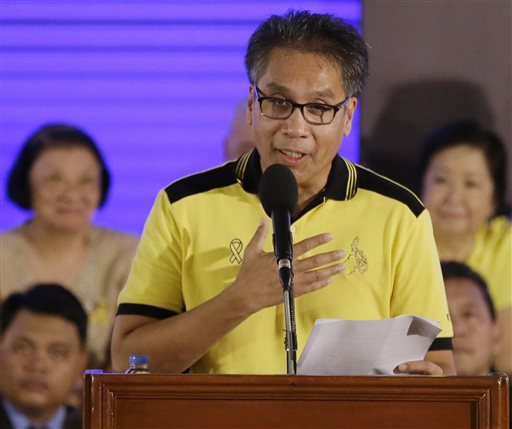 Interior Secretary Manuel "Mar" Roxas II gives his acceptance speech shortly after Philippine President Benigno Aquino III endorsed him as the administration's standard bearer for the May 2016 presidential elections, Friday, July 31, 2015 at the historic Club Filipino in suburban San Juan, east of Manila, Philippines. The 58-year-old former congressman and senator said he was honored to be endorsed by Aquino of the dominant Liberal Party. AP PHOTO