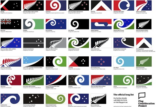 This Aug. 11, 2015, image released by the New Zealand Flag Consideration Project shows 40 designs being considered as the new flag for New Zealand in Wellington, New Zealand. New Zealand is considering changing its flag. The public was encouraged to come up with ideas, and submitted over 10,000 designs. A government-appointed panel has winnowed those down to 40 finalists. (New Zealand Flag Consideration Project via AP)