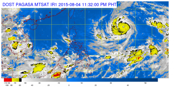 Satellite image from Pagasa shows the location of Typhoon Hanna (Soudelor) midday Wednesday. 