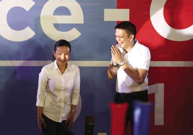THE MAN BEHIND GRACE  An elated Sen. Francis Escudero joins Sen. Grace Poe onstage on Thursday at Club Filipino, where she named him her running mate in the 2016 elections.  Poe announced her presidential bid a day earlier at Ang Bahay ng Alumni in UP Diliman, Quezon City.  The anticipated team-up drew a strong mix of show biz and political personalities. NIÑO JESUS ORBETA 