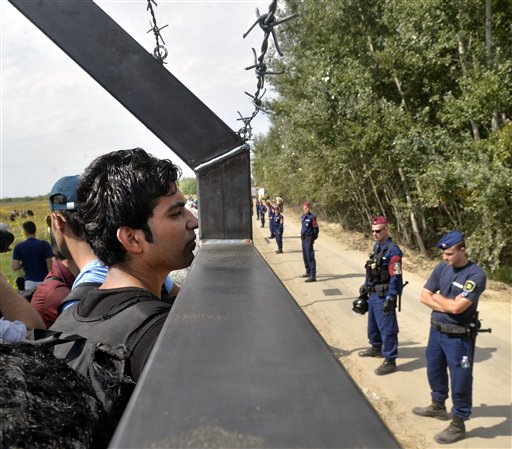 Migrants look through the border fence between Serbia and Hungary, near Horgos, Serbia, Tuesday, Sept. 15, 2015. Hungary has declared a state of emergency in two of its southern counties bordering Serbia because of the migration crisis, giving special powers to police and other authorities. (Zoltan Mathe/MTI via AP)