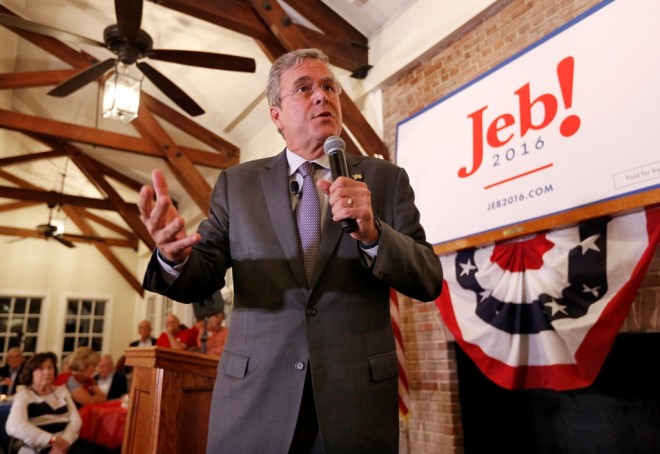 FILE - In this Sept. 24, 2015, file photo, Republican presidential candidate former Florida Gov. Jeb Bush speaks to local South Carolina republicans during the East Cooper Republican Women's Club Annual Shrimp Dinner at Alhambra Hall in Mt. Pleasant, S.C. Republican presidential candidate Jeb Bush says ending the ban on U.S. oil exports and easing restrictions on natural gas exports will unleash the nation’s economy. Bush is scheduled to discuss the plan at Rice Energy near Pittsburgh, Pa., Tuesday, Sept. 29. (AP Photo/Mic Smith, File)