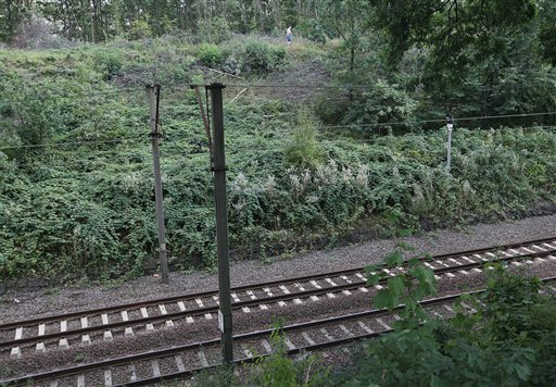 A plainclothed policemen, top, patrols over the site next to a local train line, near to the alleged location of a Nazi train carrying gold and treasures is hidden in a collapsed tunnel near Walbrzych, Poland, Tuesday, Sept. 1, 2015. AP