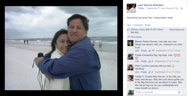 Liberal Party presidential candidate Mar Roxas hopes Filipinos will hug and accept Camarines Sur Rep. Leni Robredo the way her late husband, former Local Government Secretary Jesse Robredo, did in this photo. Screen grab from Leni Robredo's Facebook page