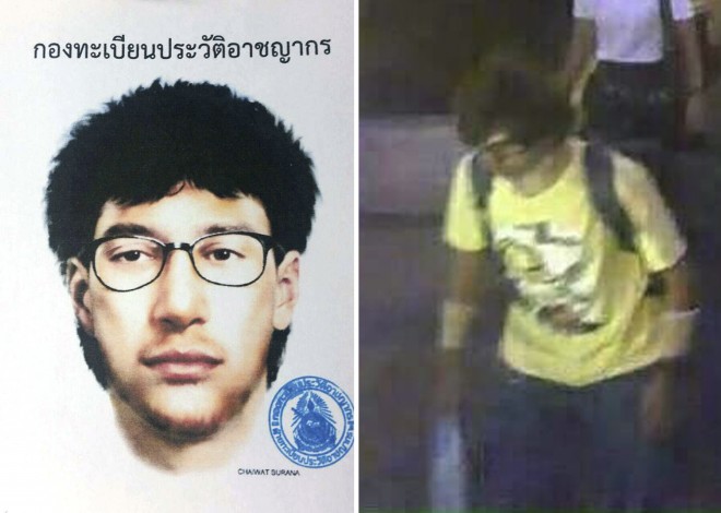This combination of file images released by the Royal Thai Police shows a sketch and a closed circuit television image of the main suspect in a bombing that killed a number of people at the Erawan shrine in downtown Bangkok, on Monday, Aug. 17, 2015. (Royal Thai Police via AP)