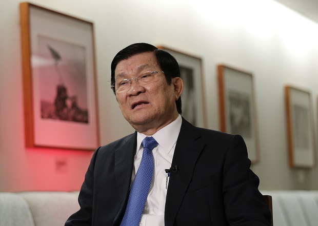 Vietnamese President Truong Tan Sang listens to questions during an interview, Monday, Sept. 28, 2015, in New York. Sang told The Associated Press on Monday that China’s island-building in the disputed South China Sea violates international law and endangers maritime security. (AP Photo/Julie Jacobson)