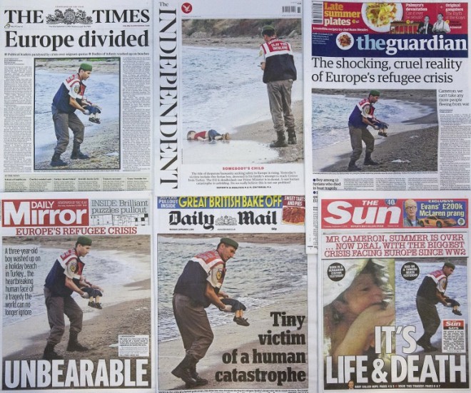 The front pages of some of Britain's daily newspapers showing an image of the body of Syrian three-year-old boy Aylan are pictured in London, on Thursday, Sept. 3, 2015. The image spread like lightning through social media and dominated front pages from Spain to Sweden, with commentators unanimous it had rammed home the horrors faced by those fleeing war and conflict in the Middle East and Africa.  AFP PHOTO/JUSTIN TALLIS