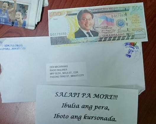 Den Macaranas of Radyo Inquirer 990 AM has received this envelope containing a fake P500 bill bearing Interior Secretary Mar Roxas’ face. The mail’s return address is in Makati City. PHOTO COURTESY OF DEN MACARANAS