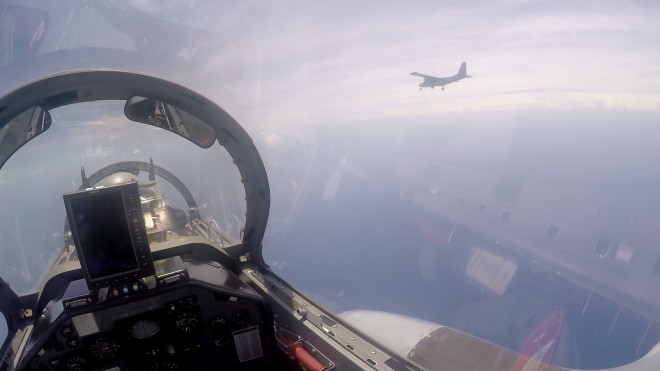 This photo is taken inside the cockpit of an S-211 jet while in an integrated air defense scenario where a Philippine Navy Islander aircraft is intercepted over Zambales during the joint Air Force and Navy drills. PHOTO COURTESY OF THE PHILIPPINE AIR FORCE
