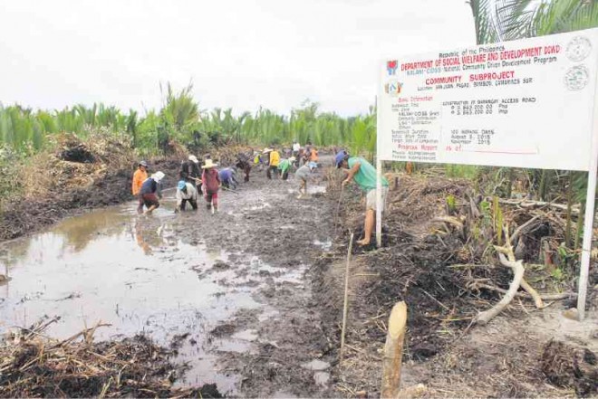 ROADWORK Residents of Barangay Pagao in Bombon, Camarines Sur province, work in a road-opening project under the Department of Social Welfare and Development program. Each of them receives P270 daily for their labor. JUAN ESCANDOR JR.
