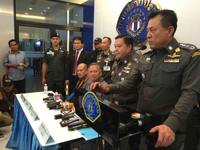 REYES BROTHERS CAPTURED  Thai police present former Palawan Gov. Joel Reyes (seated, right) and his younger brother Mario, alleged  masterminds in the murder of broadcaster Gerry Ortega, at a press conference in Bangkok after their arrest on the island resort town of Phuket. The brothers, who hid on the island for three years, are set to be deported to the Philippines.  PHOTO COURTESY OF THE DEPARTMENT OF JUSTICE 