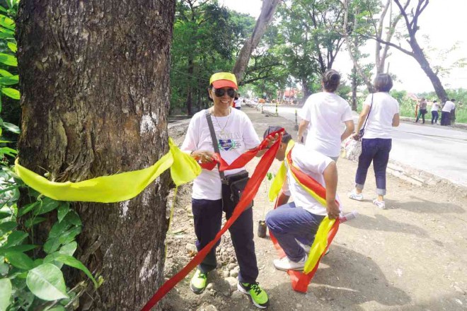 PROTESTERS tie ribbons around tree trunks along the Manila North Road in Binalonan town in Pangasinan province on Sunday to oppose the continuous cutting of trees in the area. WILLIE LOMIBAO/ INQUIRER NORTHERN LUZON 