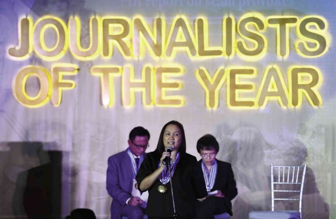 JOURNALISTS OF THE YEAR   The Inquirer’s Nancy Carvajal with coawardees Howie Severino of GMA 7 and Marites Vitug of Rappler: Bringing to the public the “face of corruption.” LYN RILLON