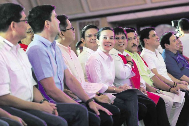 POE-CHIZ SENATORIAL SLATE     Presidential candidate Grace Poe and running mate Francis “Chiz” Escudero (center) introduce their  senatorial candidates  at Club Filipino in Greenhills,  San Juan City, on Thursday. They are (from left) ACT-CIS party-list Rep. Samuel Pagdilao, ex-Makati Vice Mayor Edu Manzano, Bayan Muna Rep. Neri Colmenares,  Pasig Rep. Roman Romulo, lawyer Lorna Kapunan, Sen. Tito Sotto, Valenzuela Rep. Sherwin Gatchalian, ex-Sen. Miguel Zubiri, ex-Sen. Richard Gordon and overseas Filipino workers rights advocate Susan “Toots” Ople. The others on the list are Sen. Ralph Recto, who was represented by his son, Ralph Ryan Recto, and Manila Vice Mayor Isko Moreno. RAFFY LERMA