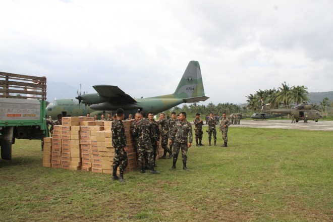 Boxes of relief goods ready for distribution in Aurora province. CONTRIBUTED PHOTO/Philippine Air Force