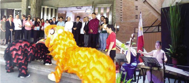 THE UP WUSHU Club (left) welcomes guests with a dragon and lion dance; Zhang Lei and Li Yang (above) play traditional Chinese instruments “guzheng” and “pipa.”