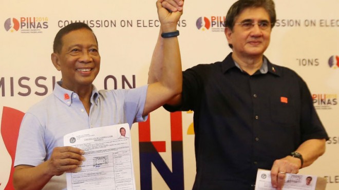 BIN-GO AT COMELEC  Vice President Jejomar Binay and Sen. Gregorio “Gringo” Honasan II of  the United Nationalist Alliance after filing their certificates of candidacy as President and Vice President, respectively, at the Commission on Elections in Intramuros, Manila, on Monday NIÑO JESUS ORBETA