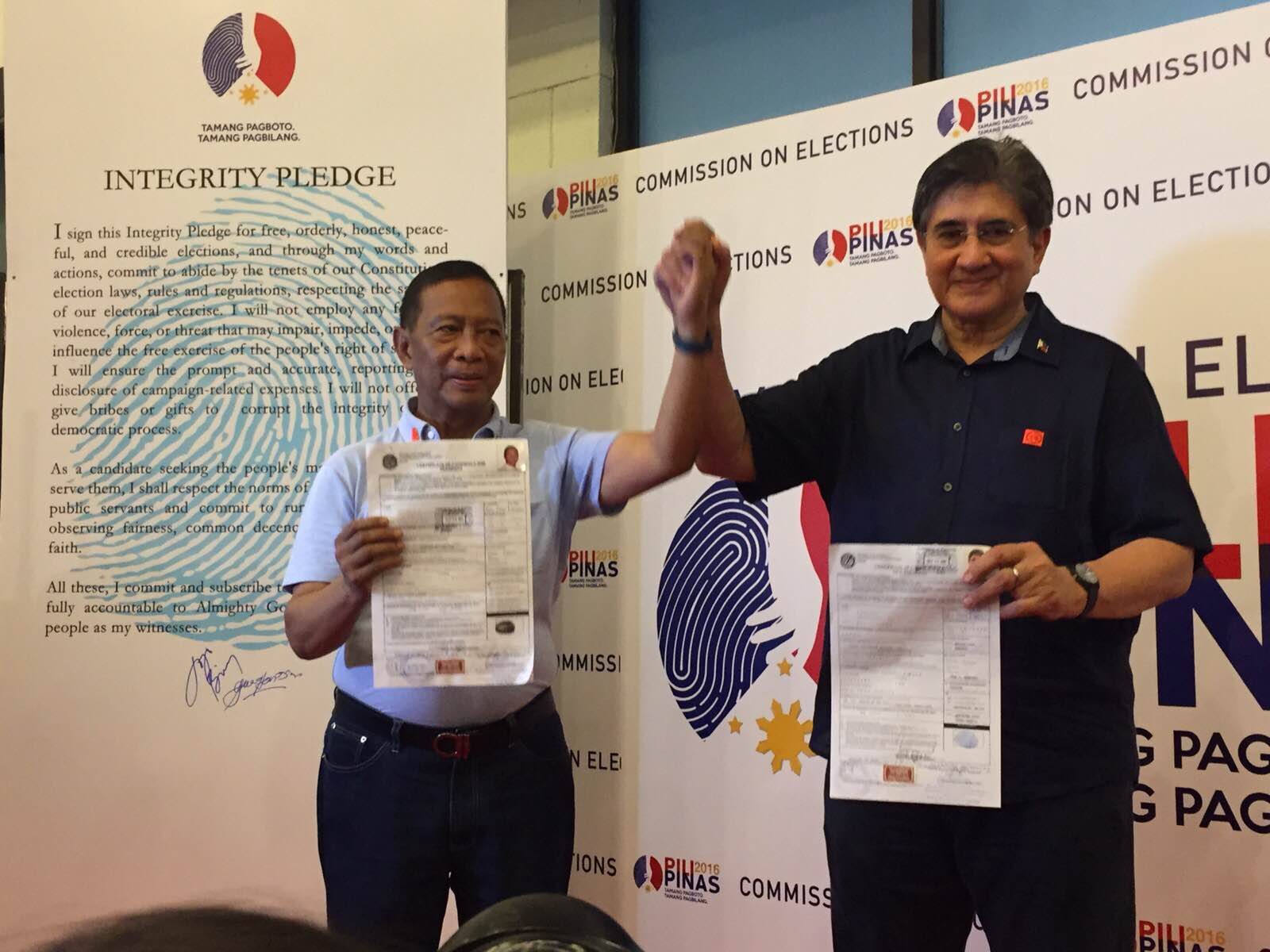 Vice President Jejomar Binay and Senator Gringo Honasan are the first tandem to file their COCs. CATHY MIRANDA/INQUIRER.net