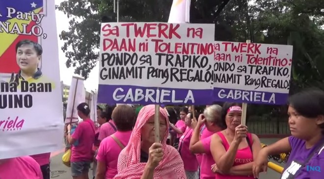 Members of the Gabriela women's partylist stage a protest to condemn the twerking scandal during a post-LP event. SCREENGRAB FROM INQUIRER.net video