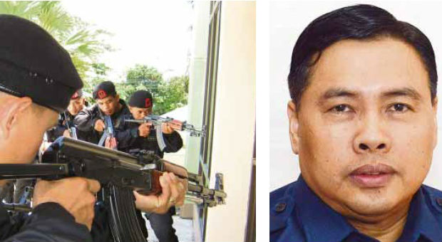 INDICTED PNP Chief Supt. Raul Petrasanta (right) has been indicted on multiple graft charges for his alleged role in the anomalous sale of AK-47 assault rifles to leftist rebels. At left,members of the Special Weapons and Tactics team try their AK-47 rifles during amock assault. INQUIRER FILE PHOTO