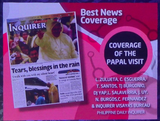 Displayed during the awarding ceremonies at the Catholic Mass Media Awards are the photo of a front page of the Philippine Daily Inquirer during the paper's papal coverage and the names of the members of its reportorial team. 