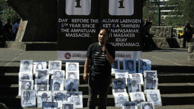 MASSACRE’S 6TH ANNIVERSARY  Members of the National Union of Journalists of the Philippines gather at Igorot Park in Baguio City on the eve of the sixth anniversary of the Maguindanao massacre to remind the public that justice for the 58 people, including 34 media workers, who were murdered remains elusive. EV ESPIRITU/INQUIRER NORTHERN LUZON