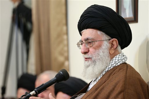 In this picture released by the official website of the office of the Iranian Supreme Leader, Ayatollah Ali Khamenei delivers a speech during a meeting with the officials and organizers of the Hajj pilgrimage in Tehran, Iran, Monday, Oct. 19, 2015. (Office of the Iranian Supreme Leader via AP)
