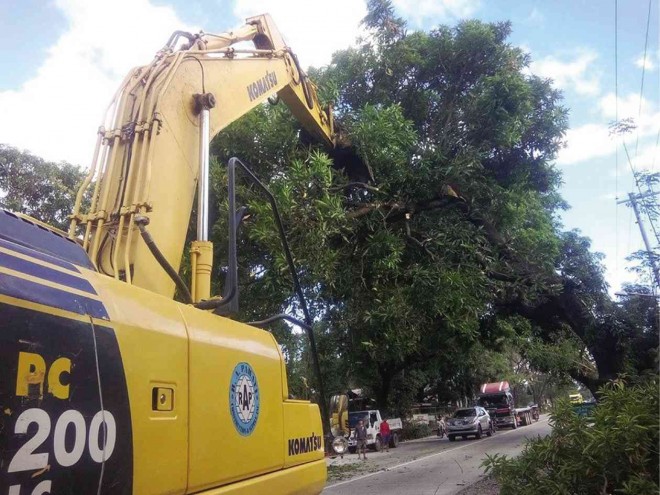 USING a backhoe and chainsaws, contractors of the Department of Public Works and Highways prune trees along the Manila North Road in Barangay Rosario in Pozorrubio, Pangasinan province. CONTRIBUTED PHOTO