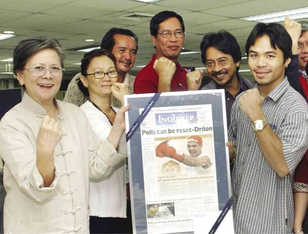 THE INQUIRER’S Filipino of the Year Award, Magsanoc’s brainchild, went to Manny Pacquiao in 2003. The award was presented to the boxing icon by LJM and entertainment editor Emmy Velarde, sports columnist Recah Trinidad, news editor Jun Engracia and managing editor Joey Nolasco.