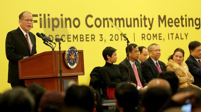 President Benigno S. Aquino III delivers his speech during the Meeting with the Filipino Community in Rome at the Leptis Magna I & II Function Room of the Ergife Palace Hotel for his Official Visit to the Italian Republic on Thursday (December 03, 2015). (Photo by Joseph Vidal/ Malacañang Photo Bureau)