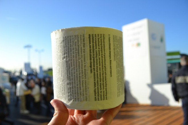 IPCC's 5th Assessment Report printed on a toilet paper as part of #giveashit campaign. Photo by Kristine Sabillo/INQUIRER.net