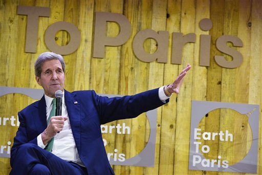 US Secretary of State John Kerry speaks at the Mashable/UN Foundation "Earth to Paris" summit at Le Petit Palais in Paris, France, on the sidelines of the COP21, the UN climate change conference, Monday, Dec. 7, 2015. (Mandel Ngan/Pool Photo via AP)