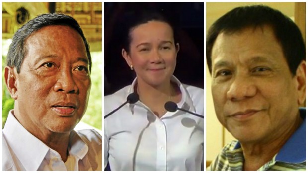 Presidential aspirants Vice President Jejomar Binay, Senator Grace Poe and Davao City Mayor Rodrigo Duterte. FILE PHOTOS