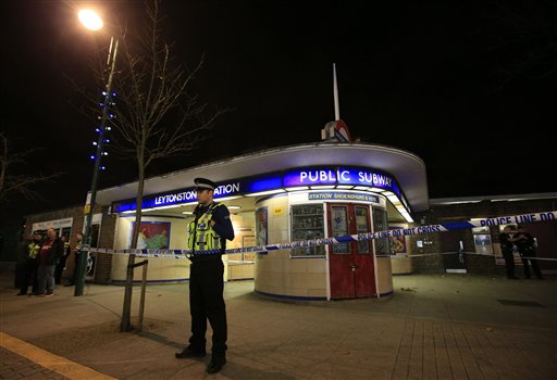 Police cordon off Leytonstone Underground Station in east London following a stabbing incident, Saturday Dec. 5, 2015. The stabbing is being treated as a "terrorist incident," the London police said Saturday. The London police counterterror command said in a statement that it is investigating the incident in which a man was threatening people with a knife at around 7 p.m. (1900 GMT; 2 p.m. EST). One person sustained serious injuries and two others received minor injuries. (Jonathan Brady/PA via AP) UNITED KINGDOM OUT  NO SALES NO ARCHIVE