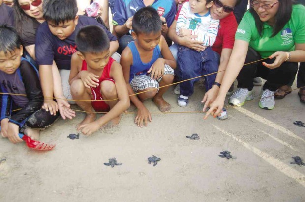 BEACHGOERS and their children take time off from their holiday on Dec. 26 to release 36 baby turtles to their natural habitat at All Hands Beach in Subic Bay Freeport. ALLAN MACATUNO/Inquirer Central Luzon