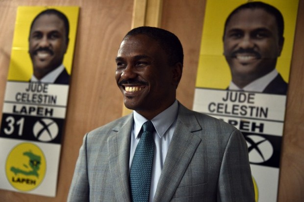 Haitian presidential candidate Jude Celestin speaks during an interview in the commune of Petion Ville, Port-au-Prince, on January 18, 2016.  Celestin, who has said he does not want to participate in the January 24th run-off  against ruling party candidate Jovenel Moise, has yet to submit his official resignation to the Provisional Electoral Council(CEP).  / AFP / HECTOR RETAMAL