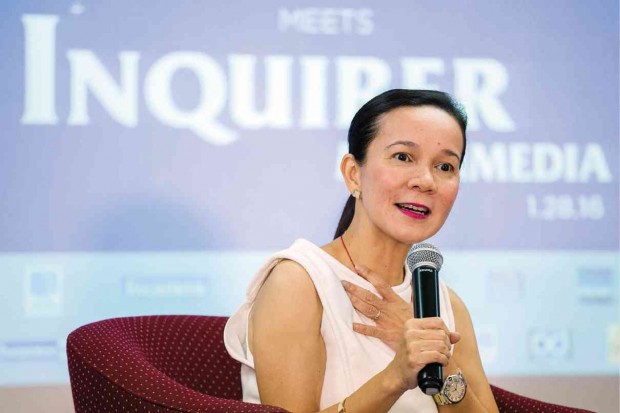 GRACE UNDER PRESSURE Sen. Grace Poe, a presidential candidate, fields questions about disqualification cases filed against her involving residency and citizenship and her platform of government at the Meet Inquirer Multimedia Forum on Thursday. JILSON SECKLER TIU