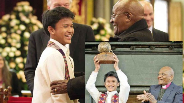 PEACE IS BLISS... (Clockwise from left) Kesz Valdez is congratulated by Nobel Peace laureate Bishop Desmond Tutu; with 2015 winner Abraham M. Keita  of Liberia (to his left); (inset) raising his trophy while Tutu applauds   PHOTOS FROM KESZ VALDEZ’S FACEBOOK PAGE AND KIDSRIGHTS WEBSITE