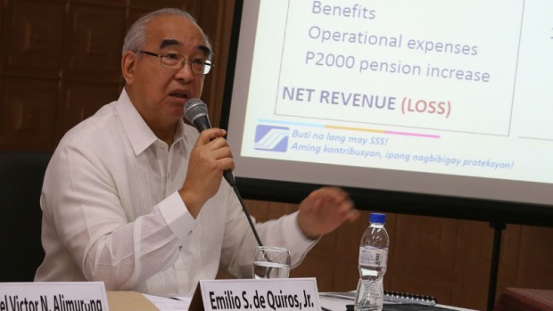  Social Security System President and Chief Executive Officer Emilio de Quiros Jr. speaks during a news conference at the SSS building, East Avenue, Quezon City, January 18, 2016. INQUIRER PHOTO / NINO JESUS ORBETA